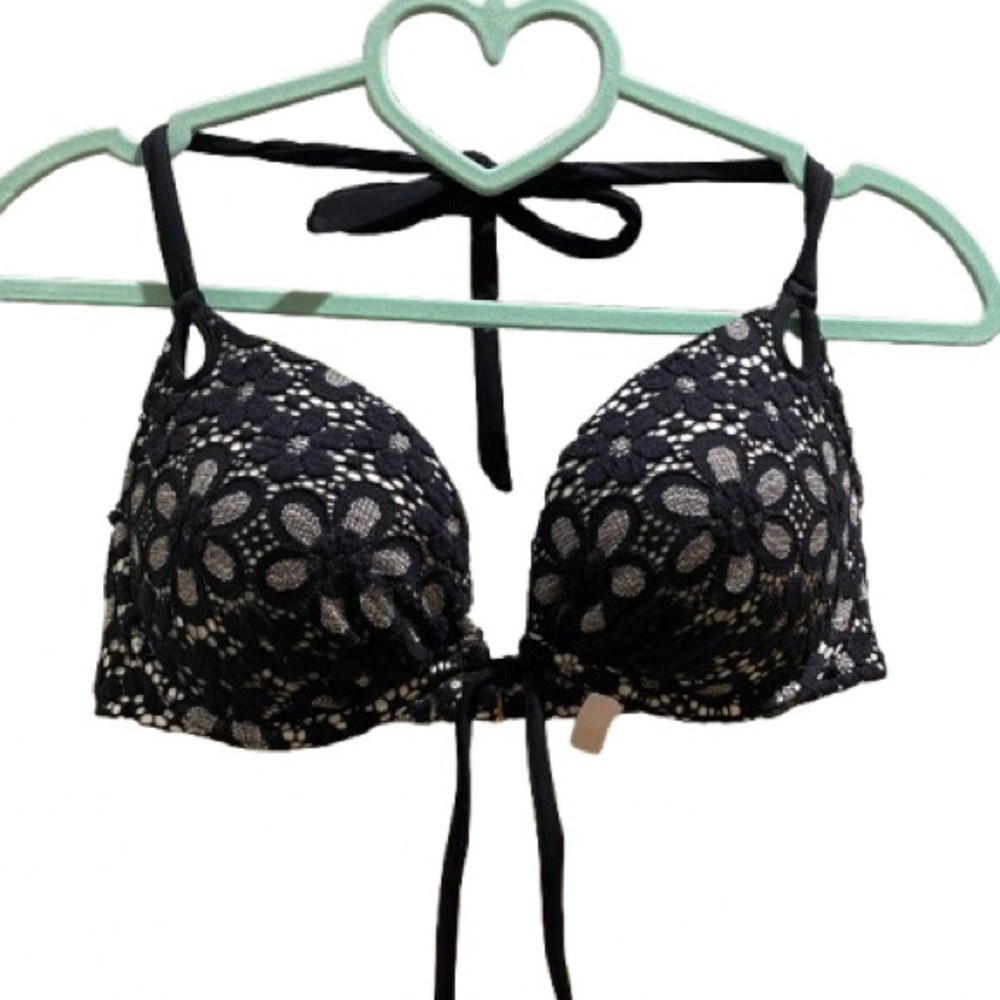 Victoria Secret Black Floral Bikini Top 32D
